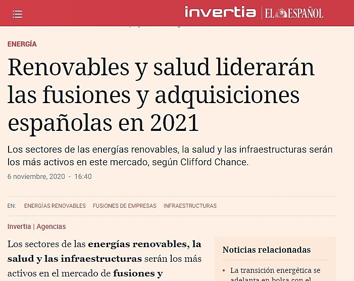 Renovables y salud liderarn las fusiones y adquisiciones espaolas en 2021
